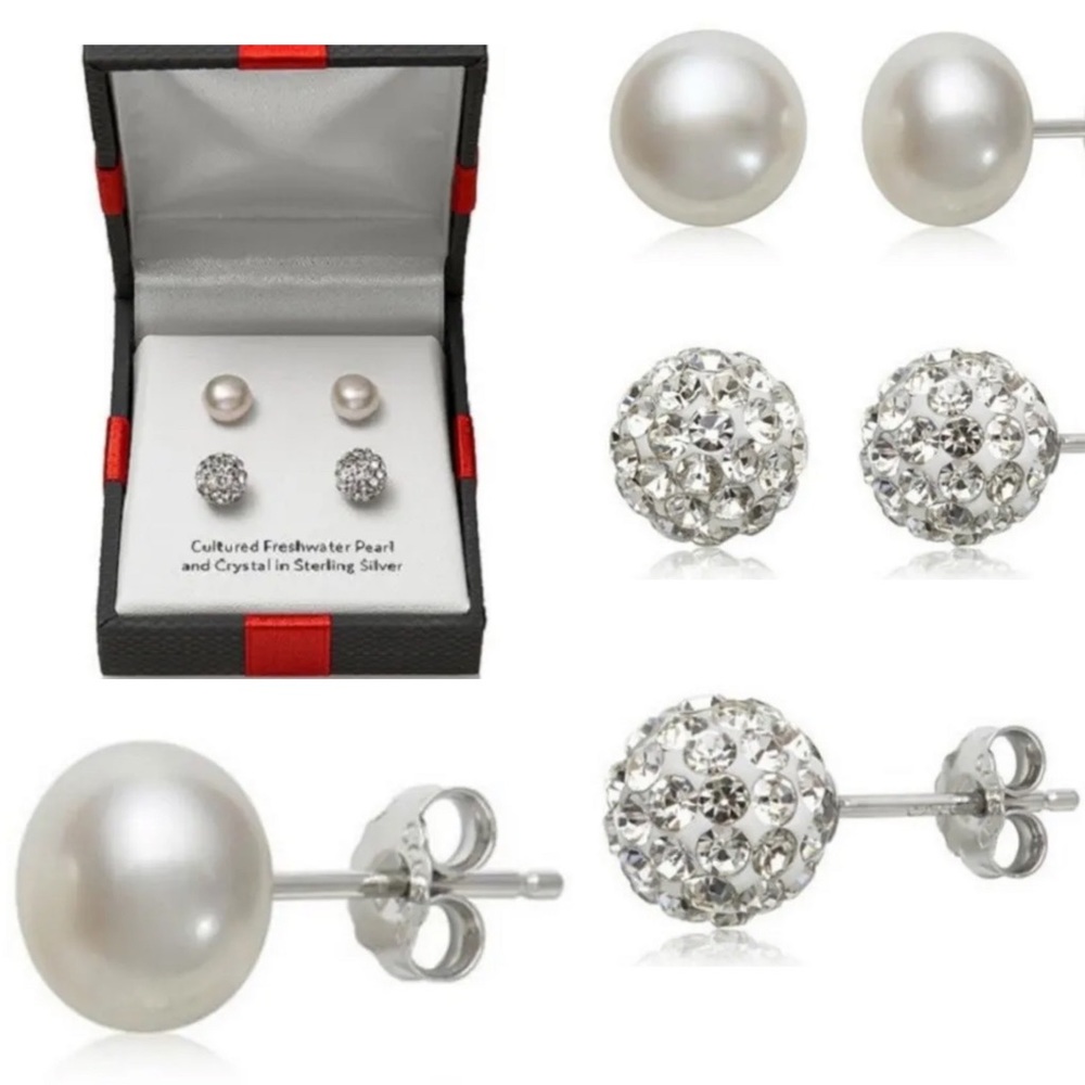 SS CFW Pearl Ear Set Cultured FW Pearl Crystal Sterling Silver 2PC Stud Set